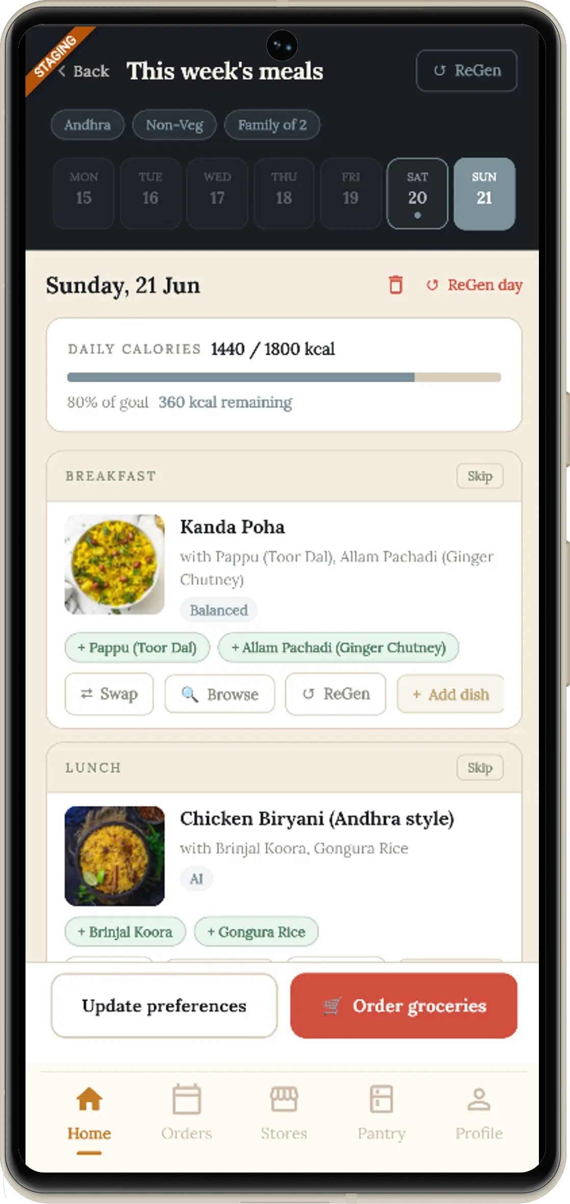 ShopConnect — this week's meals with calories and dishes per day