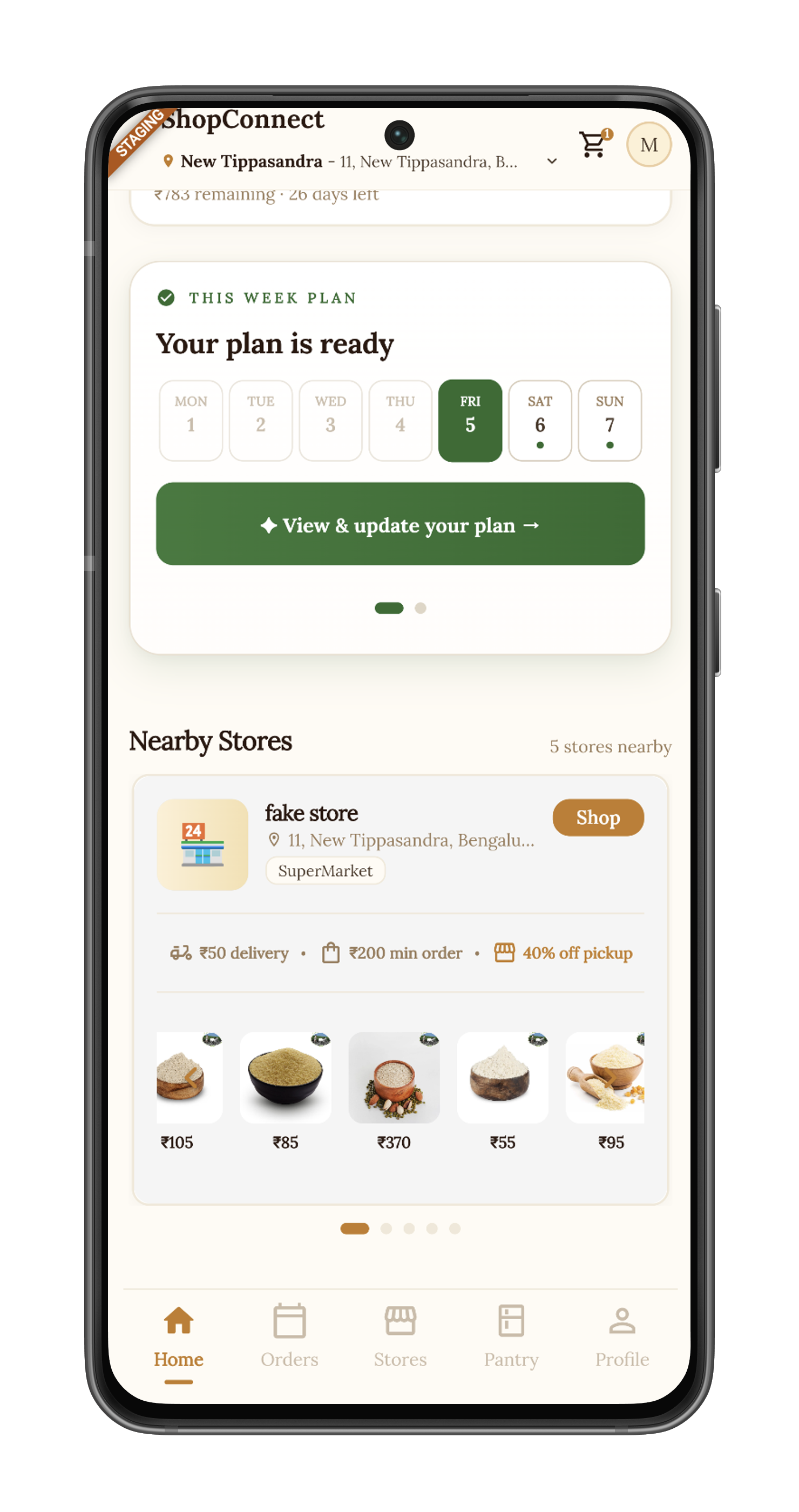ShopConnect app on a phone — weekly plan ready, with day selector and nearby stores